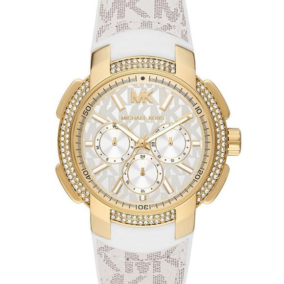 Michael Kors Women's Sidney Multifunction Vanilla Signature Logo PVC Strap Watch - Picture 1 of 6